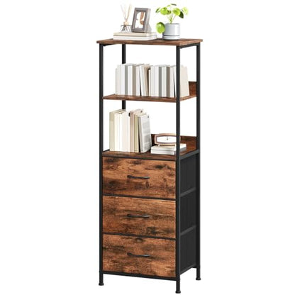Somdot 5 Tier Bookshelf with 3 Drawers, Narrow Storage Bookcase for Bedroom | Tall Metal Frame Bookcase for Small Spaces, Living Room and Home Office, Brown - color: Brown