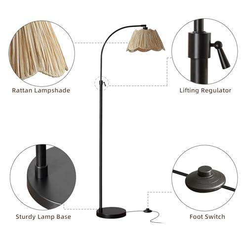 64'' Adjustable Arc Floor Lamp with Woven Pleated Shade, Black - color: Black