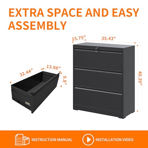 3 Drawer Lateral File Cabinet with Lock,Black Home Office Cabinet | Heavy Duty Large Steel Filing Cabinets Wide Storage Cabinet for Legal/Letter Size File,Assembly Required - size: Lateral-3 drawers