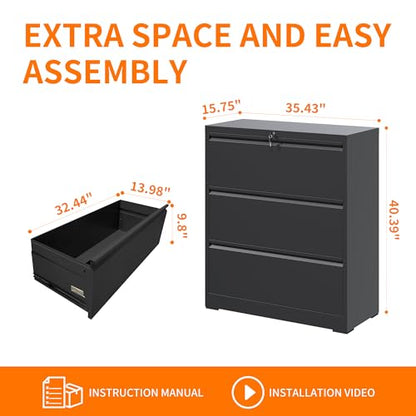 3 Drawer Lateral File Cabinet with Lock,Black Home Office Cabinet | Heavy Duty Large Steel Filing Cabinets Wide Storage Cabinet for Legal/Letter Size File,Assembly Required - size: Lateral-3 drawers