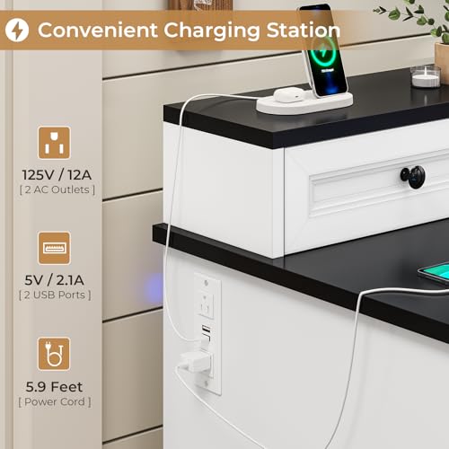 BTHFST 59.1" Executive Desk with File Drawer, Charging Station, White - color: White and Black