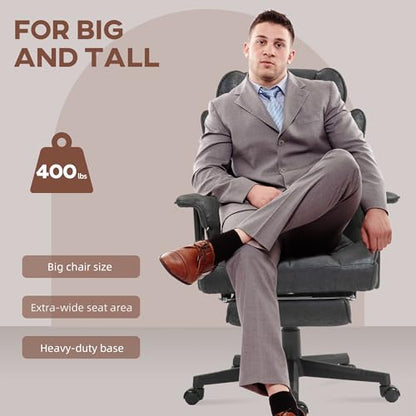 HOMCOM Executive Office Chair 400LBS Big and Tall High Back, Black | Foot Rest, Microfiber Computer Desk Chair, Lumbar Support, Reclining Function, Wide Seat