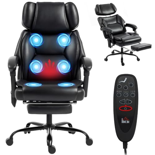 HOMCOM Massage Office Chair with Lumbar Heat, 6 Points Vibration, Black | Ergonomic Executive Desk Chair with Adjustable Headrest, High Back, Reclining, Padded Armrests, Footrest, PU Leather - color: Black