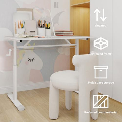 39" Hand-Crank Adjustable Modern Office Desk, Compact Computer Desk with Wide Footstand, Computer Table for Sitting/Standing Home Work, White - color: White