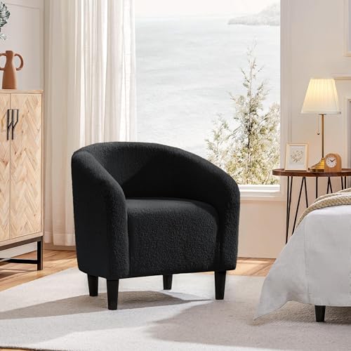 Yaheetech Sherpa Accent Chairs, Compact Furry Barrel Chairs with a Curved Silhouette for Small Spaces, Living Room, Bedroom, Black - color: Black (Boucle), style: without Ottoman