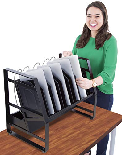 Line Leader 14 Device Open Charging Cart for Laptops, Tablets & Chromebooks, Mobile Laptop Station with Removable Wheels For Desktop or Under Desk Use, UL-Listed Power Strip with Surge Protection