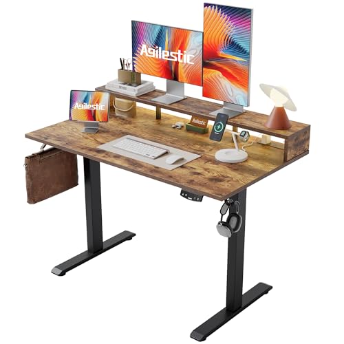 Agilestic 48x24 Inch Electric Standing Desk with Shelf, Height Adjustable Desk with Power Outlet & LED, Sit Stand Up Table with Monitor Stand, Computer Workstation, Rustic Brown - color: Led-rustic Brown, size: 48 x 24 Inches with led and power strips