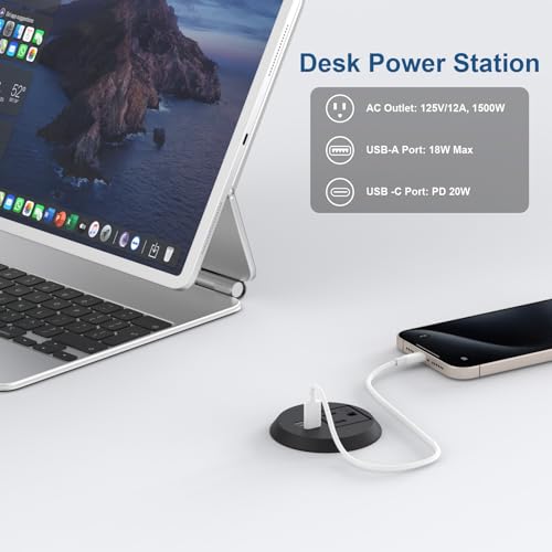 Desk Power Grommet, Haylink Recessed Power Outlet with AC Plug & Fast Charging USB A+C | 6.56FT Cable | 2" Pre-Cut Hole| for Modern Desk, Kitchen Island & Workshop, Black