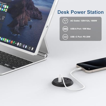 Desk Power Grommet, Haylink Recessed Power Outlet with AC Plug & Fast Charging USB A+C | 6.56FT Cable | 2" Pre-Cut Hole| for Modern Desk, Kitchen Island & Workshop, Black