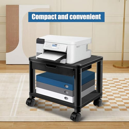 Under Desk Printer Stand with Wheels, Rolling Printer Cart with Lockable Wheels, 2-Tier Printer Table with Storage Drawer for Home&Office (Black)