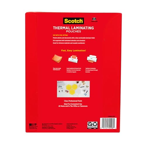 Scotch Thermal Laminating Pouches, 100 Count, Clear, 5 mil., Laminate Business Cards, Banners and Essays, Ideal Office or School Supplies, Fits Letter Sized (8.9 in. × 11.4 in.) Paper - size: 100-Pack