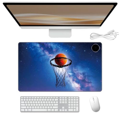 Heated Desk Pad 23.6" x 14.2" 3 Large Heated Mouse Pad with Heat Levels (40°C/45°C/50°C) & 3H Auto Shut-Off Desk Mat Fast Heating PU Leather Warmer Mousepad for Home Office - Basketball in Galaxy - color: Basketball in Galaxy, size: 23.6 x 14.2 inch