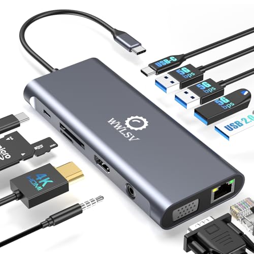 12-in-1 USB C Hub Laptop Docking Station, Dual Monitor Display HDMI 4K@60Hz (Single Display), VGA 1080p (Shared Bandwidth), 100W PD, Ethernet, USB 3.0, SD, Audio, for MacBook, Dell, HP, Lenovo - color: Gray
