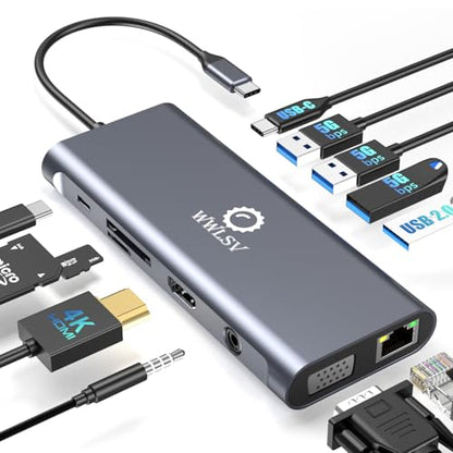 12-in-1 USB C Hub Laptop Docking Station, Dual Monitor Display HDMI 4K@60Hz (Single Display), VGA 1080p (Shared Bandwidth), 100W PD, Ethernet, USB 3.0, SD, Audio, for MacBook, Dell, HP, Lenovo - color: Gray