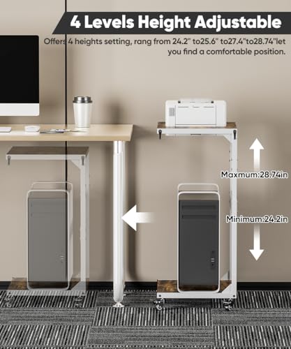 Computer Tower Stand, 2-Tier Metal CPU Holder Stand with Lockable Wheels, Adjustable Under Desk PC Shelf, Mobile Rolling Computer Cart for Home, Office, Gamers and Students, White - color: White