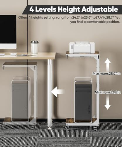 Computer Tower Stand, 2-Tier Metal CPU Holder Stand with Lockable Wheels, Adjustable Under Desk PC Shelf, Mobile Rolling Computer Cart for Home, Office, Gamers and Students, White - color: White