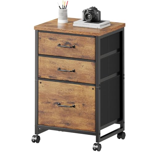 Maihail 3 Drawer File Cabinet with Wheels with Open Storage Shelf, Rustic Brown2 - color: Rustic Brown2