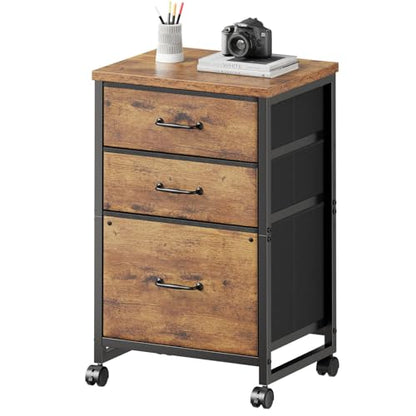 Maihail 3 Drawer File Cabinet with Wheels with Open Storage Shelf, Rustic Brown2 - color: Rustic Brown2