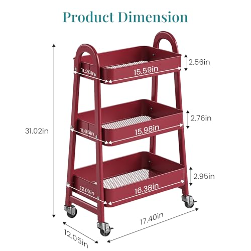 OLIXIS Metal 3 Tiers Rolling Storage Utility Cart with Lockable Wheels - color: Red, size: 3-Tiered 17 inches