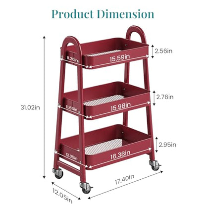 OLIXIS Metal 3 Tiers Rolling Storage Utility Cart with Lockable Wheels - color: Red, size: 3-Tiered 17 inches