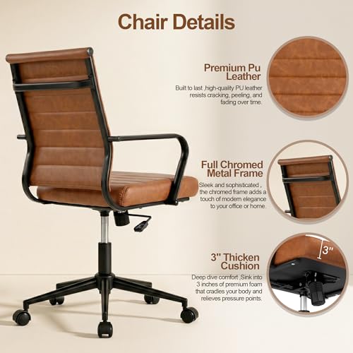 Okeysen Leather Office Desk Chair, Mid-Century Modern Leather Conference Room Chairs, Ergonomic Executive Ribbed Height Adjustable Swivel Rolling Chair for Home Office. - color: Brown