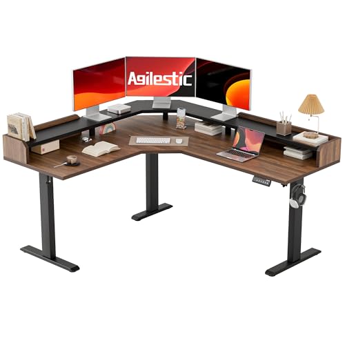 Agilestic 63 Inch L Shaped Electric Standing Desk with Shelf, Dark Walnut - color: Dark Walnut, size: 63x55 Inch Pro