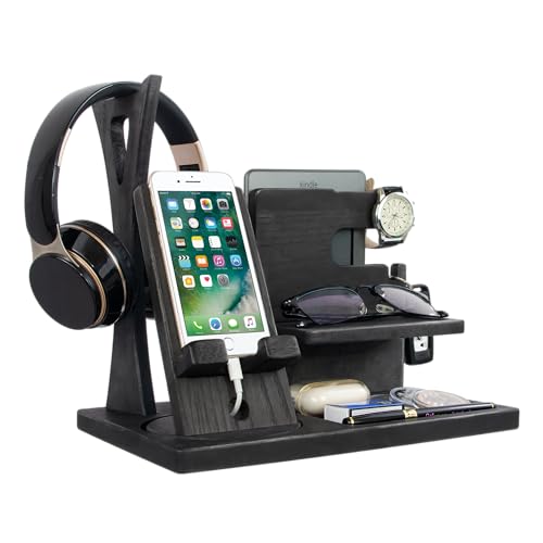 Gift for Men Nightstand Organizer with Headphone Stand & Rotating Phone Stand, Stylish Headphone Holder to Keep Desk Accessories for Men Organized, Unique Dad Birthday Gift, Gifts for Boyfriend