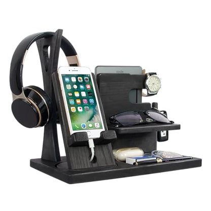 Gift for Men Nightstand Organizer with Headphone Stand & Rotating Phone Stand, Stylish Headphone Holder to Keep Desk Accessories for Men Organized, Unique Dad Birthday Gift, Gifts for Boyfriend