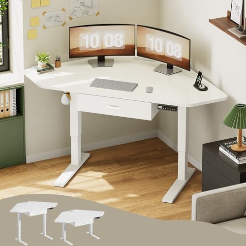 SEDETA Corner Electric Standing Desk with Drawer for Gaming, Small Space - color: White