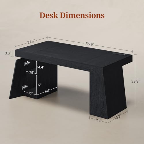 UPOSOJA 55.9" Executive Desk with Storage & Power Outlets, Home Office Desk - color: Black, size: 55.9in Cabinet
