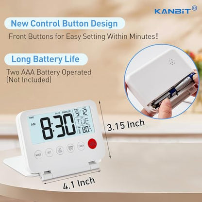 KANBIT Small Digital Travel Alarm Clock, Large LCD Display Front Button with Date & Temperature, Snooze and 8 Seconds Backlight AAA Battery Operated Desk Clock for Home & Office, White - color: White