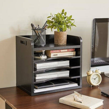 YMYNY Desktop File Organizer with Handle, Document Letter Mail Tray Sorter with 3 Adjustable Shelves, 5 Tiers Paper Holder for School Home Office Desk,Black,13.4 * 12.4 * 9.06" UHBC006B
