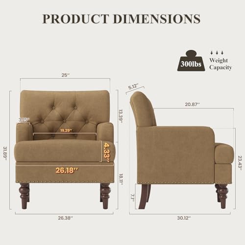 MALOL Modern Accent Chairs Set of 2 for Living Room, Comfy Bedroom Reading Armchair, Upholstered Single Sofa Chair with Thick Cushion &Wood Legs for Small Spaces, Brown - color: Brown, size: Set of 2