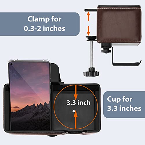 Under Desk Cup Holder Clamp on Cup Holder PU Leather Clip on Desk Organizer | Desk organizer with pencil holder clamp on side, under desk hanging organizer, clip on cup holder desk phone stand holder PU - color: Brown