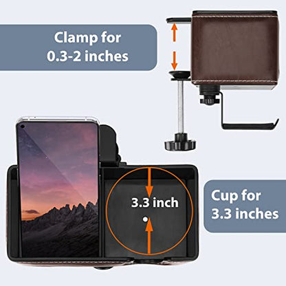 Under Desk Cup Holder Clamp on Cup Holder PU Leather Clip on Desk Organizer | Desk organizer with pencil holder clamp on side, under desk hanging organizer, clip on cup holder desk phone stand holder PU - color: Brown