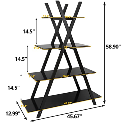 Nouva 4 Tier Ladder Bookshelf Storage Shelves, A Frame Wooden Ladder Open Display Shelves Floor Shlef Storage Furniture for Home Office Living Room Black