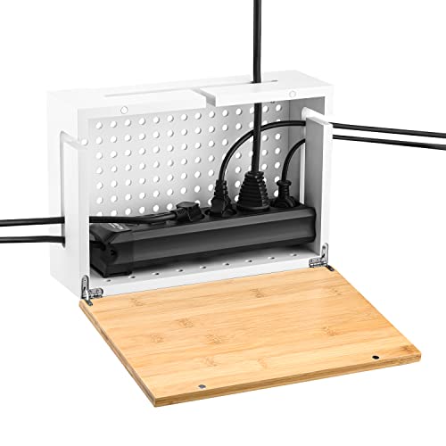 Cable Management Box Bamboo 12.6x7.9x4.3in, White, Wall Mount Kit Included - color: White