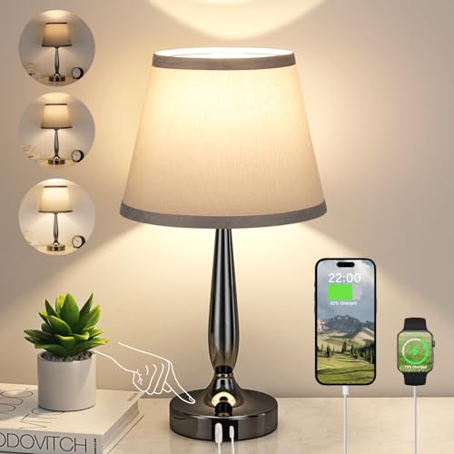 Kakanuo Touch Table Lamp for Bedroom, Small Bedside Lamp with USB C Charging Port, 3 Way Dimmable Touch Control Nightstand Lamp for Living Room and Office, LED Bulb Included - color: Gray, size: 1 Pack