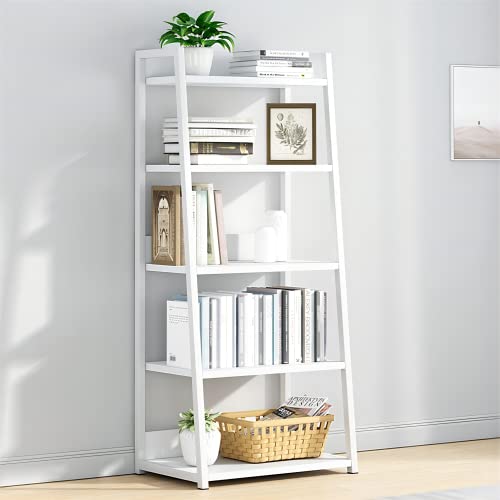 IOTXY 5 Tier Ladder Shelf Bookcase, 19.7" x 11.8" x 47" in, White | Stable Trapezoid Iron Frame, Fits Books Decor and Toys, Holds 20 Lbs per Shelf, Suitable for Living Room and Bedroom - color: White, size: 5-Tier