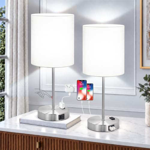 Lynnoland Set of 2 Touch White Table Lamps with 2 USB Ports & AC Outlet, 3-Way Dimmable Bedside Nightstand Lamps for Bedroom Living Room Nursery, 800 Lumens 5000K Daylight Bulbs Included - color: White & Brushed Nickel (Base) - 5000K
