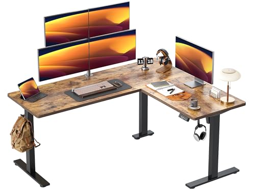 TIQLAB 63 x 55 inch L Shaped Standing Desk Adjustable Height, Electric Corner Standing Desk, Sit Stand Computer Table with Splice Board, Rustic Brown - color: Rustic Brown, size: 63*55 inch with splice board