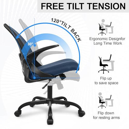 Office Chair Ergonomic Desk Chair with Flip up Armrests Swivel Breathable Desk Mesh Computer Chair with Adjustable Lumbar Support and Height for Conference Room (Navy) - color: Navy