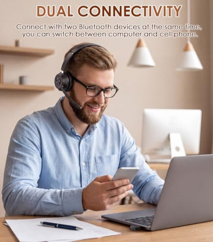 Soothielec Wireless Headset with Mic for Work, Bluetooth Headset with Noise Cancelling (Dark Grey) - color: Dark Grey