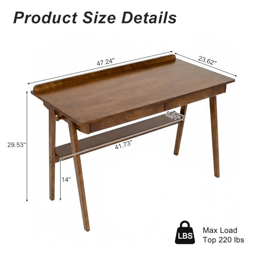 KEIKI Solid Wood Writing Desk with Drawers, 47" Computer Desk with Shelf for Home Office Work, Study, Walnut - color: Walnut W/Shelf