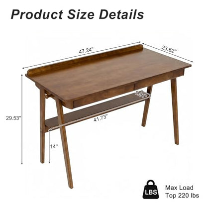 KEIKI Solid Wood Writing Desk with Drawers, 47" Computer Desk with Shelf for Home Office Work, Study, Walnut - color: Walnut W/Shelf