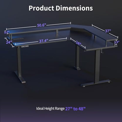 FEZIBO 63"x49" L Shaped Standing Desk with LED Strip & Power Outlets, Height Adjustable Sit Stand Corner Computer Desk with Ergonomic Monitor Stand, Black Top/Black Frame