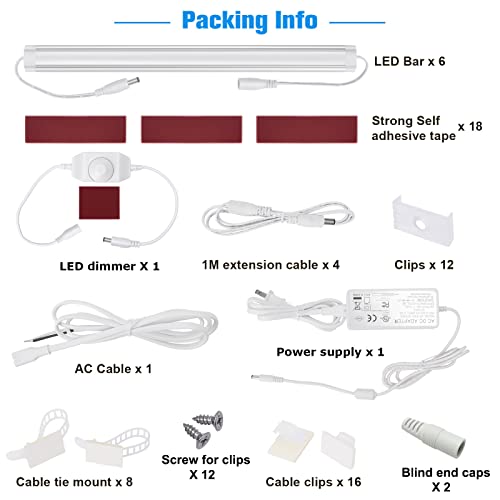 Litever Kitchen Under Cabinet LED Lighting Kit, Super Bright, 6 PCS 12 Inches Light Bars, Plug-in or Hardwire Power Adapter, 31W 2000 Lumen, for Cabinet Counter Shelf Workbench (Daylight White 5000K) - color: White Cable-Daylight White 5000K