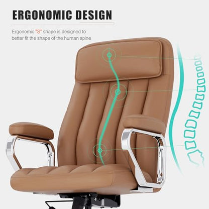 Okeysen Executive Office Chair, Modern Leather Chair with Headrest & Lumbar Support, High Back Ergonomic Chair with Padded Armrests & Seat, Height Adjustable Swivel Rolling Chair for Home Office. - color: Brown
