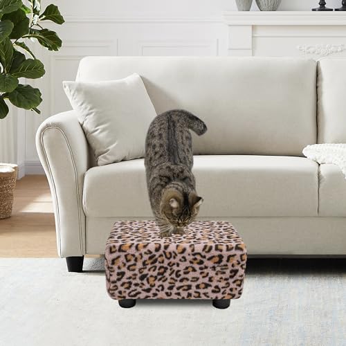 CAROLMADE Small Foot Stool Ottoman Footstool with Legs Under Desk Footrest for Living Room Bedroom and Office, Faux Fur Pink - color: Leopard Print Pink, size: 11"d X 15.4"w X 8.3"h