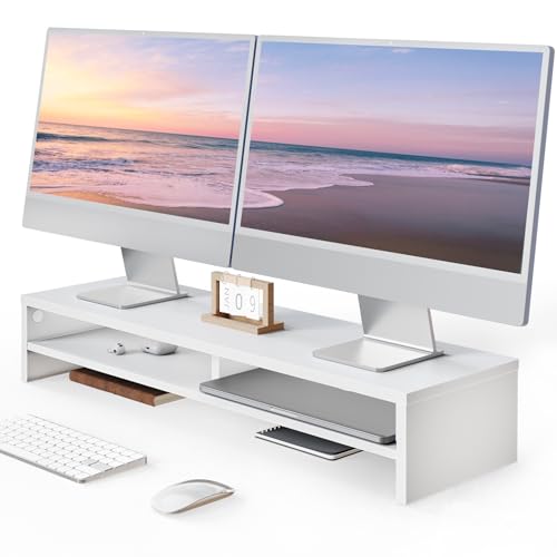 Fenge 31.5 Inch Dual Monitor Stand Riser for Desk, White | Wooden Desk Shelf, 2-Tier Open Storage Compartment, for PC Laptop Screen Printer, Home Office Desktop Organizer - color: White